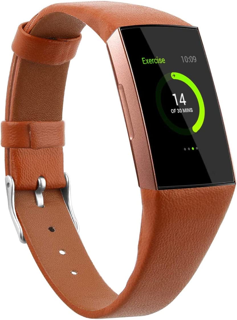 Mtozon Leather Bands Compatible with Fitbit Charge 3/Charge 4, Replacement Accessories Slim Wristband Straps for Women Men, Black + Brown Small