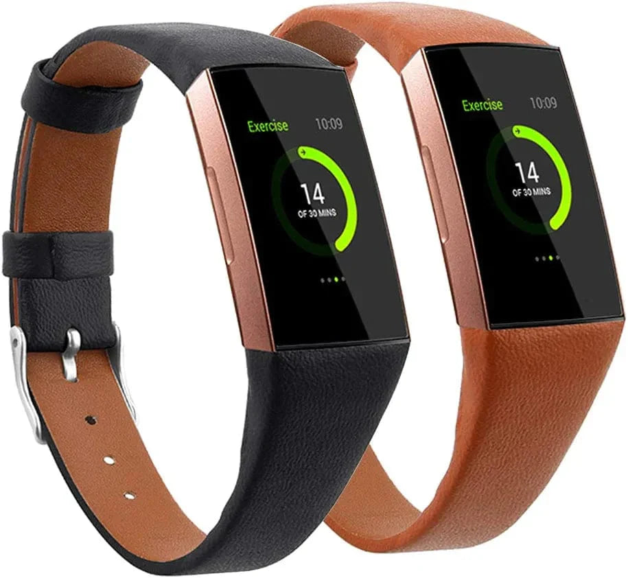 Mtozon Leather Bands Compatible with Fitbit Charge 3/Charge 4, Replacement Accessories Slim Wristband Straps for Women Men, Black + Brown Small