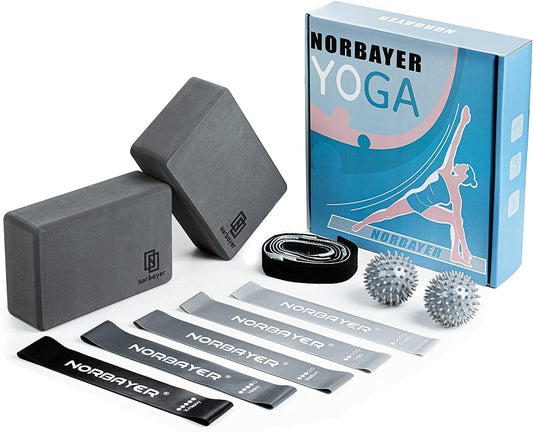 Norbayer Complete 10Piece Yoga Kit Includes 2 Pack EVA Foam Yoga Blocks 9×6×3 Inches,5 Piece No-Slip Loop Bands Resistance Belt,2 Spiky Massage Balls and Multi - Loop Strap
