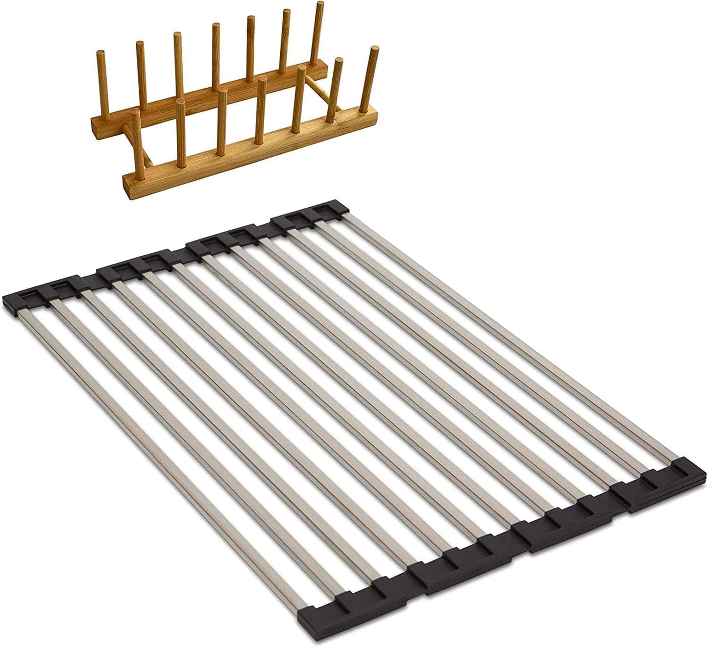 Over the Sink Dish Drying Rack, 2Pc Deluxe Set with X-Large Roll up Dish Drying Rack & All Wood 8-Slot Vertical Lid Plate Holder. Space Saving Collapsible Sink Dish Drying Rack for Kitchen Counter