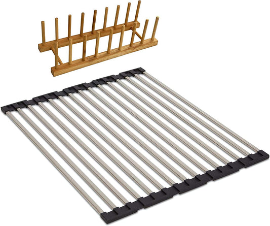 Over the Sink Dish Drying Rack, 2Pc Deluxe Set with X-Large Roll up Dish Drying Rack & All Wood 8-Slot Vertical Lid Plate Holder. Space Saving Collapsible Sink Dish Drying Rack for Kitchen Counter