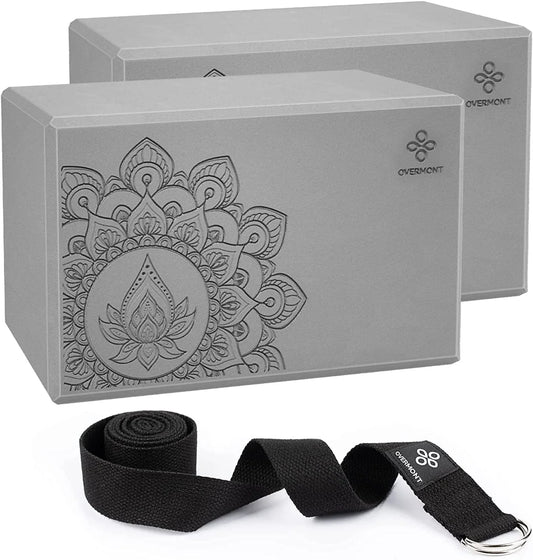 Overmont Yoga Block 2 Pack Supportive Latex-Free EVA Foam Soft Non-Slip Surface for General Fitness Pilates Stretching and Meditation 9"X6"X3" Yoga Strap Included