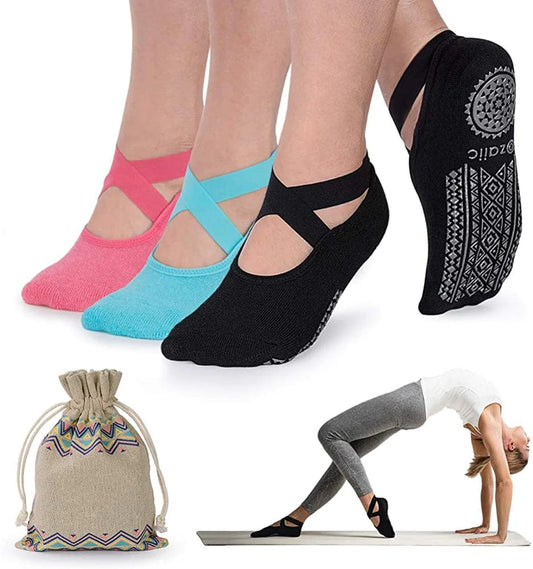 Ozaiic Yoga Socks for Women Non-Slip Grips & Straps, Ideal for Pilates, Pure Barre, Ballet, Dance, Barefoot Workout