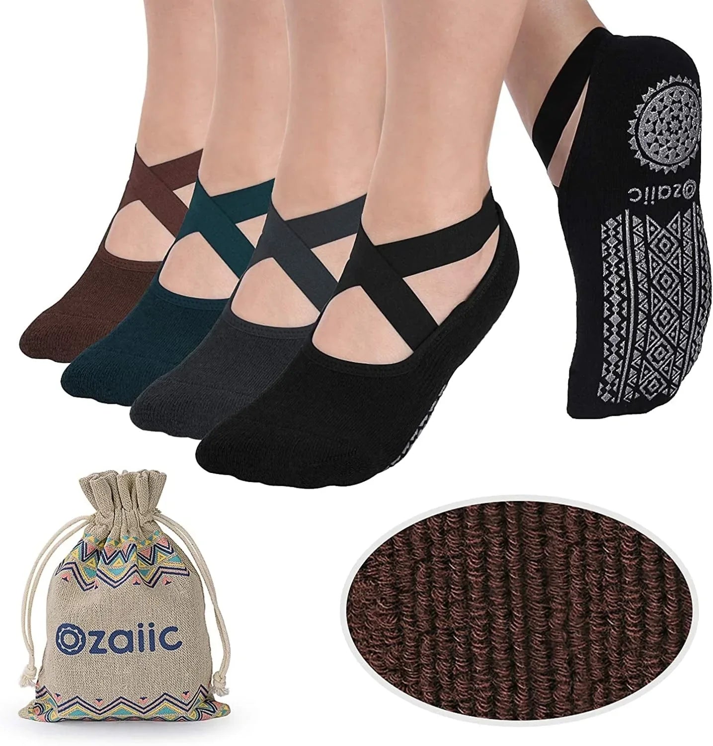 Ozaiic Yoga Socks for Women Non-Slip Grips & Straps, Ideal for Pilates, Pure Barre, Ballet, Dance, Barefoot Workout