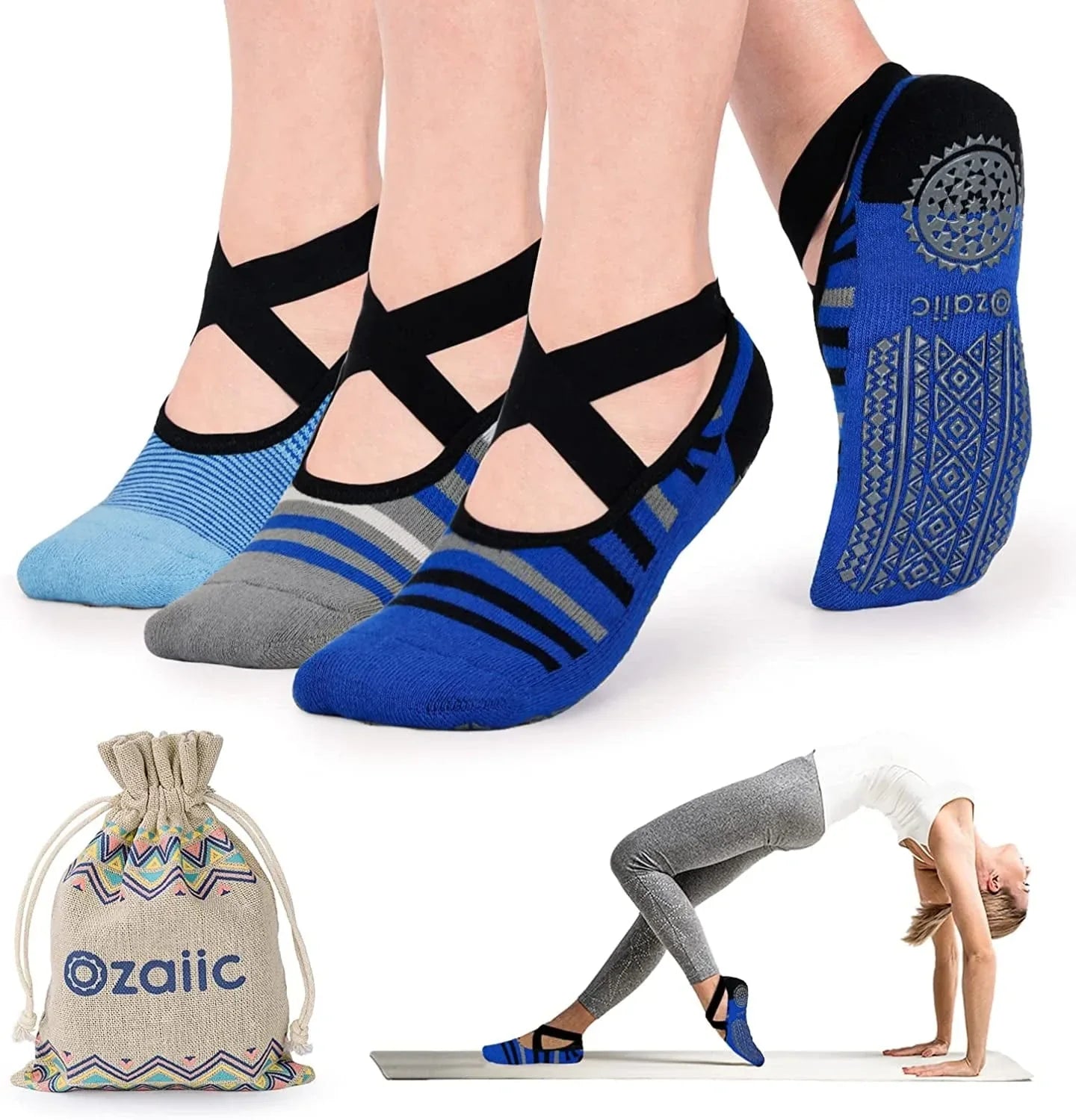 Ozaiic Yoga Socks for Women Non-Slip Grips & Straps, Ideal for Pilates, Pure Barre, Ballet, Dance, Barefoot Workout