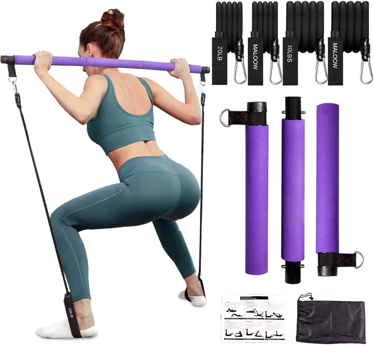 Pilates Bar Kit with Resistance Bands (2 Standard & 2 Strong), Protable Home Gym Workout Equipment for Women, Perfect Stretched Fusion Exercise Bar and Bands for Toning Muscle, Leg, Butt and Full Body