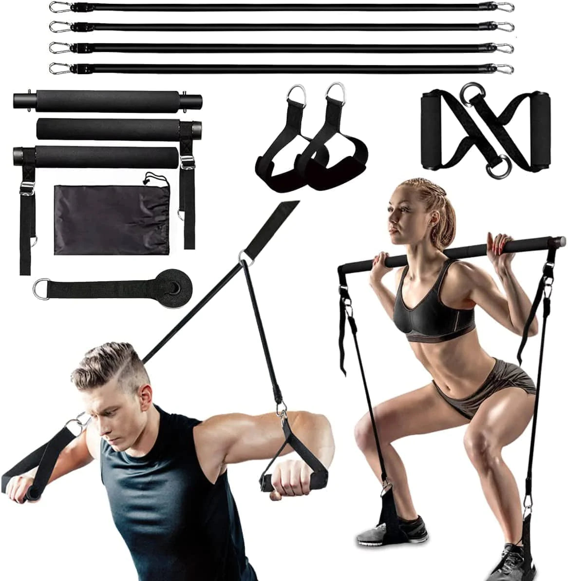 Pilates Bar Kit with Resistance Bands (2 Standard & 2 Strong), Protable Home Gym Workout Equipment for Women, Perfect Stretched Fusion Exercise Bar and Bands for Toning Muscle, Leg, Butt and Full Body