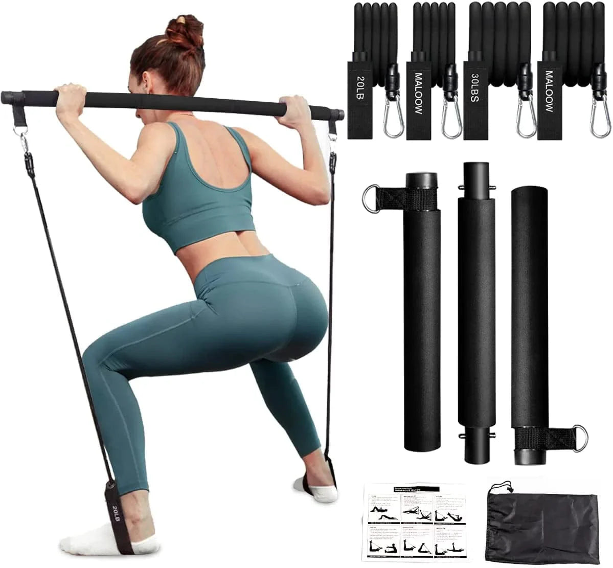 Pilates Bar Kit with Resistance Bands (2 Standard & 2 Strong), Protable Home Gym Workout Equipment for Women, Perfect Stretched Fusion Exercise Bar and Bands for Toning Muscle, Leg, Butt and Full Body