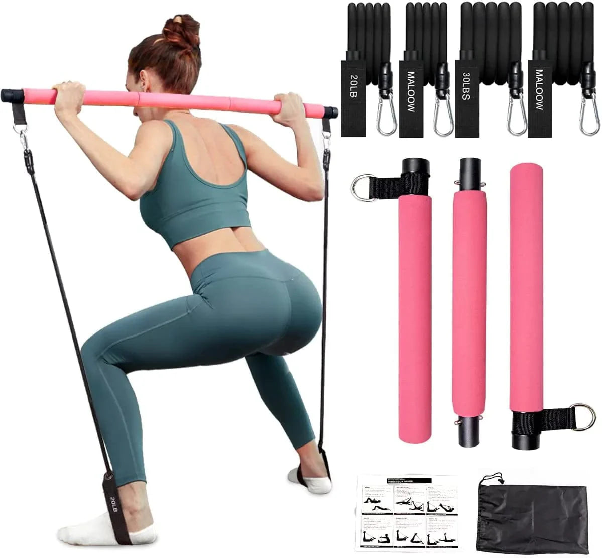 Pilates Bar Kit with Resistance Bands (2 Standard & 2 Strong), Protable Home Gym Workout Equipment for Women, Perfect Stretched Fusion Exercise Bar and Bands for Toning Muscle, Leg, Butt and Full Body