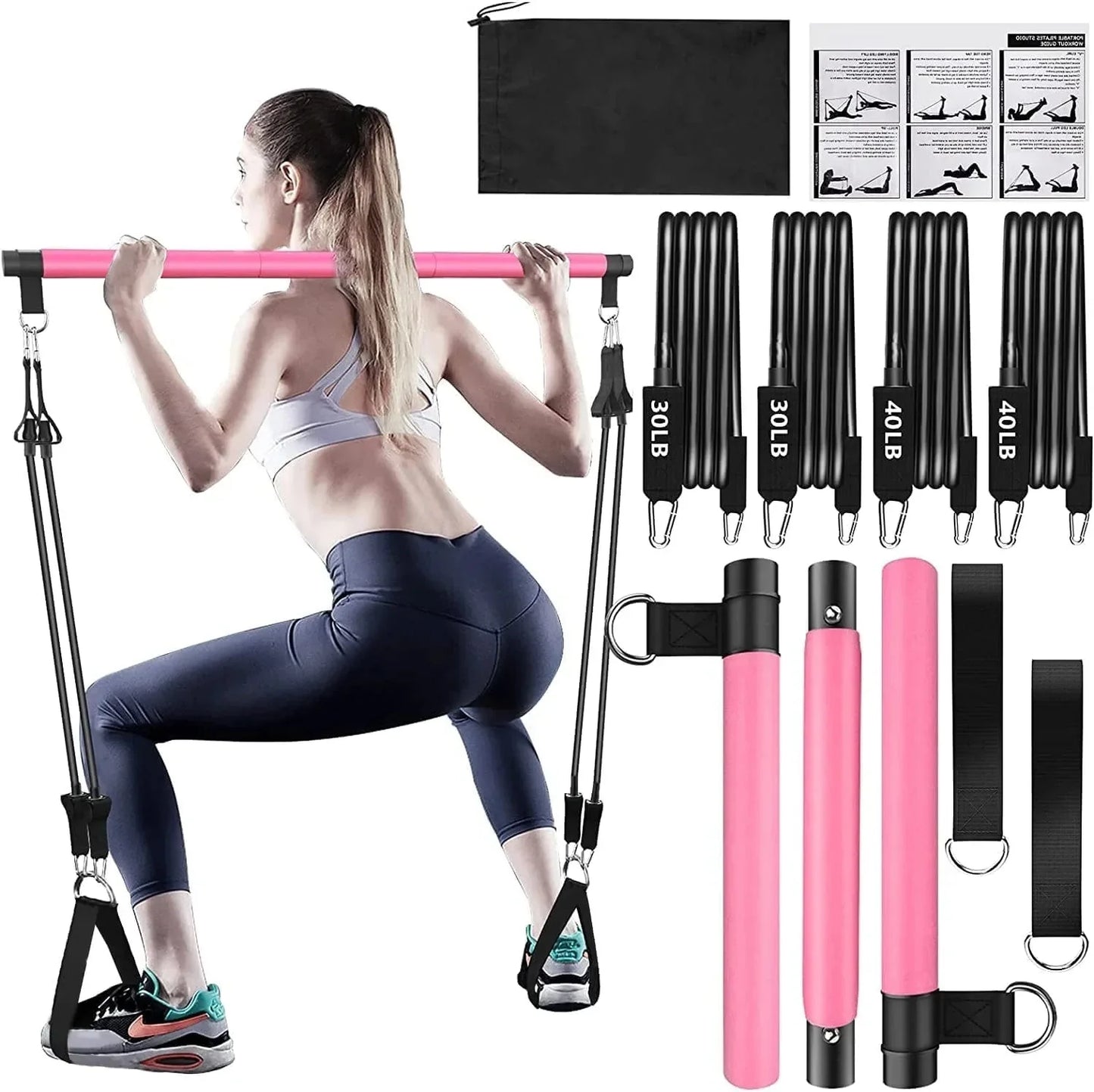 Pilates Bar Kit with Resistance Bands(4 X Resistance Bands),3-Section Pilates Bar with Stackable Bands Workout Equipment for Legs,Hip,Waist and Arm