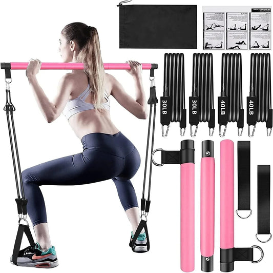 Pilates Bar Kit with Resistance Bands(4 X Resistance Bands),3-Section Pilates Bar with Stackable Bands Workout Equipment for Legs,Hip,Waist and Arm