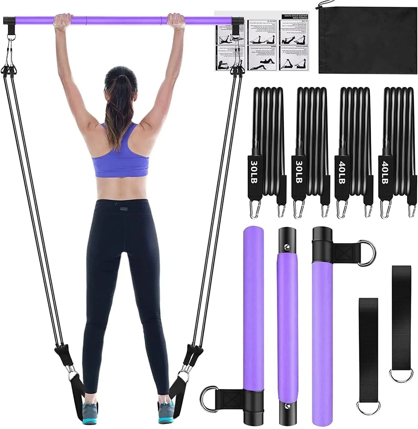 Pilates Bar Kit with Resistance Bands(4 X Resistance Bands),3-Section Pilates Bar with Stackable Bands Workout Equipment for Legs,Hip,Waist and Arm