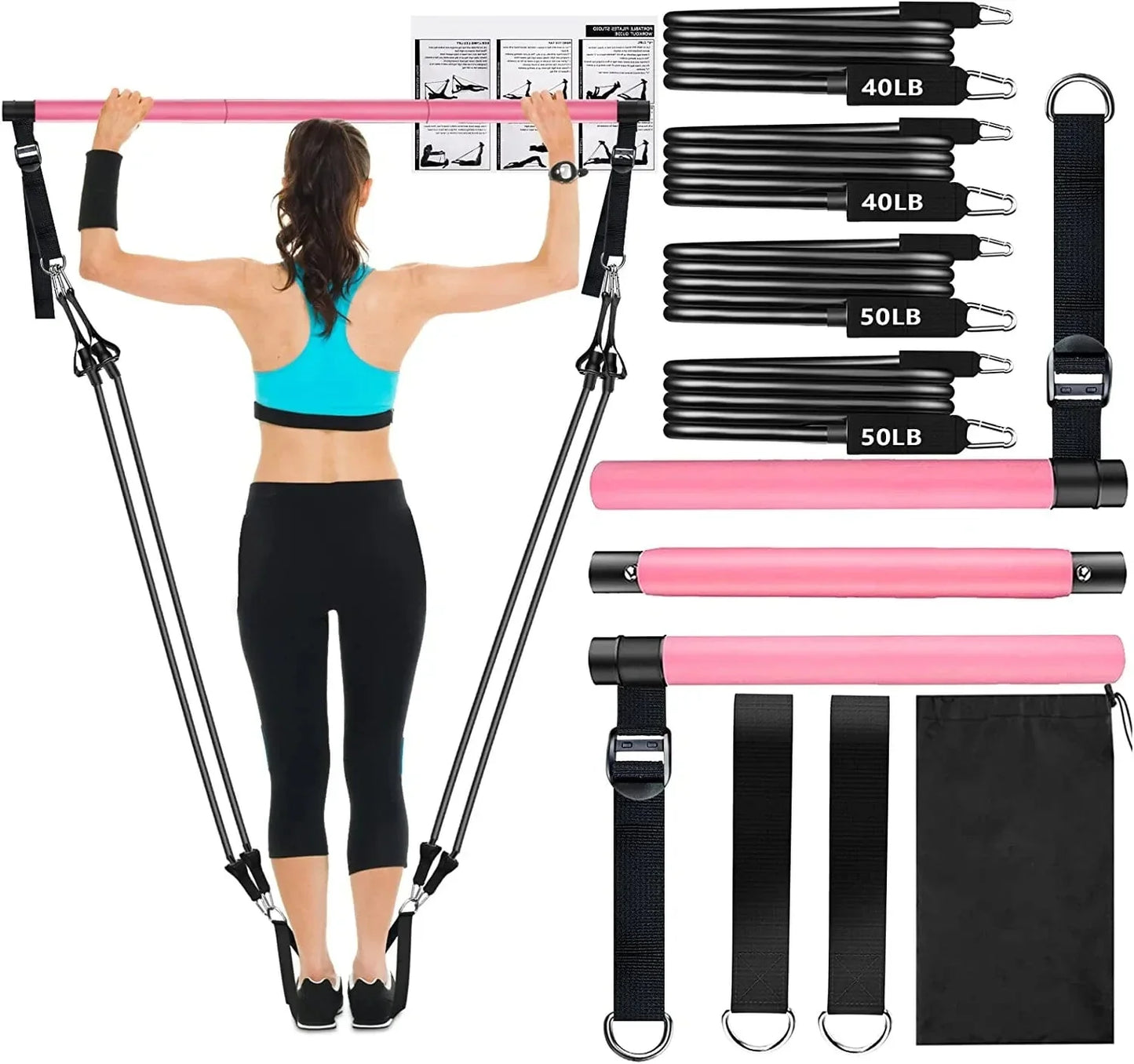 Pilates Bar Kit with Resistance Bands(4 X Resistance Bands),3-Section Pilates Bar with Stackable Bands Workout Equipment for Legs,Hip,Waist and Arm