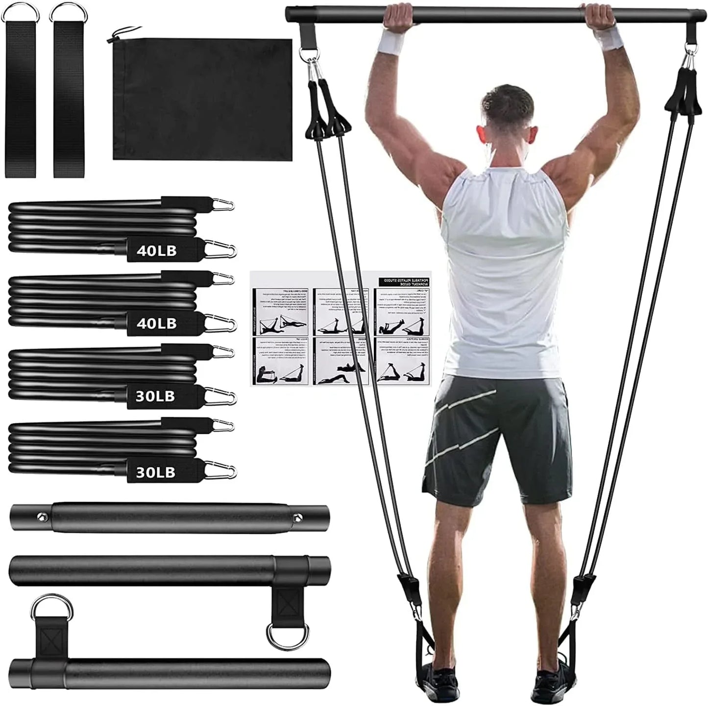 Pilates Bar Kit with Resistance Bands(4 X Resistance Bands),3-Section Pilates Bar with Stackable Bands Workout Equipment for Legs,Hip,Waist and Arm