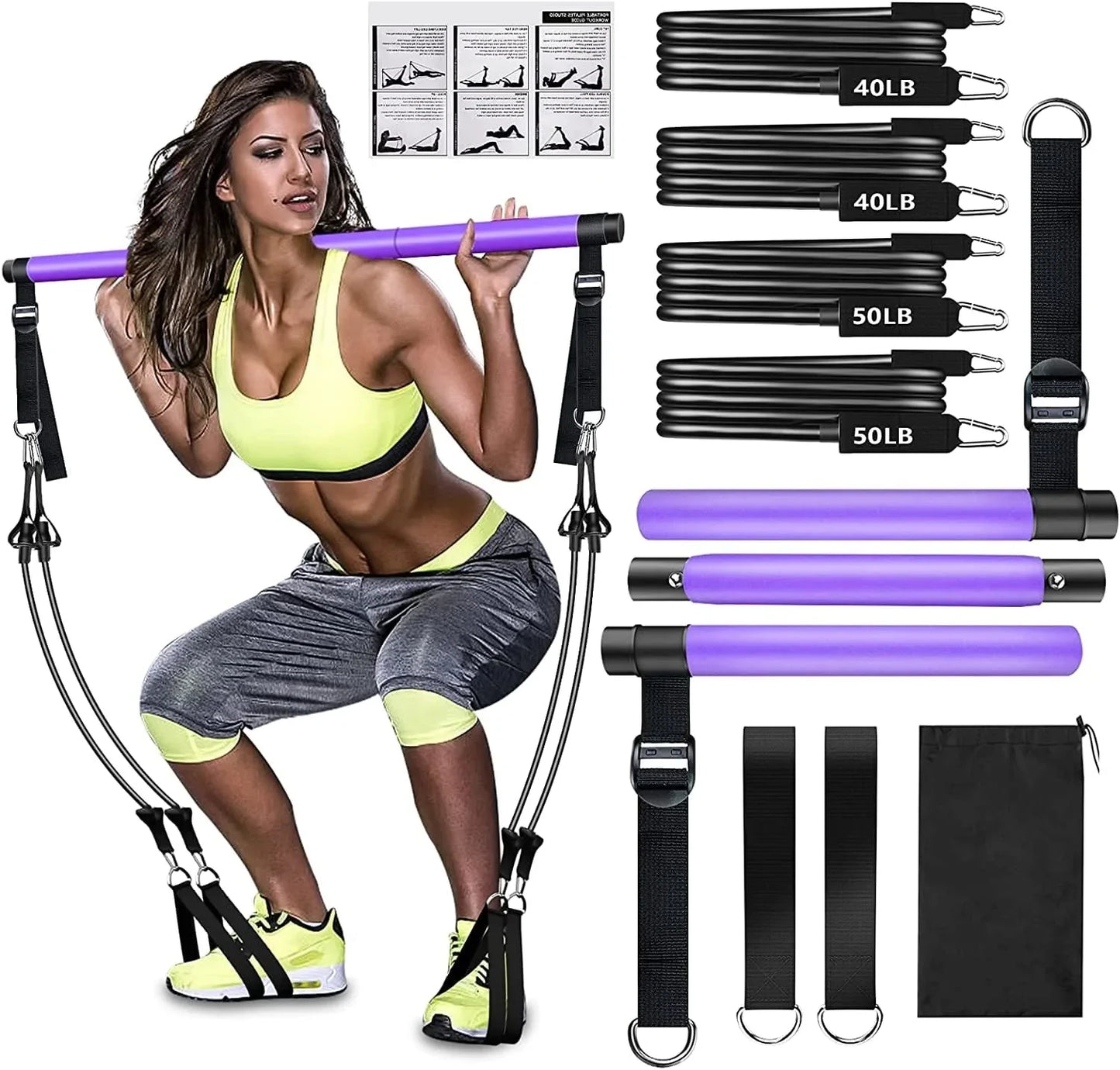 Pilates Bar Kit with Resistance Bands(4 X Resistance Bands),3-Section Pilates Bar with Stackable Bands Workout Equipment for Legs,Hip,Waist and Arm