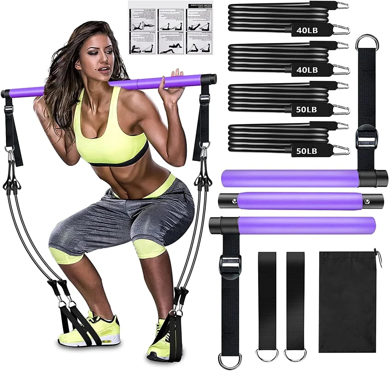 Pilates Bar Kit with Resistance Bands(4 X Resistance Bands),3-Section Pilates Bar with Stackable Bands Workout Equipment for Legs,Hip,Waist and Arm