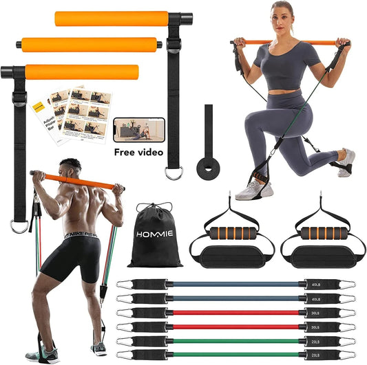 Pilates Bar Kit with Resistance Bands- Hommie Portable Pilates Exercise Equipment Bar Kit for Women&Men, 3-Section Stick Squat Yoga with 6 Exercise Resistance Bands Bar for Home Workouts