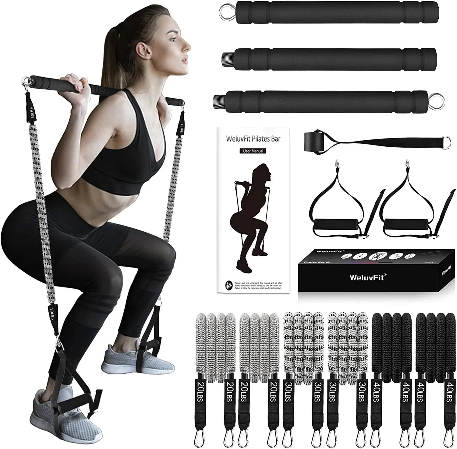 Pilates Bar Kit with Resistance Bands, Weluvfit Exercise Fitness Equipment for Women & Men, Home Gym Workouts Stainless Steel Stick Squat Yoga Pilates Flexbands Kit for Full Body Shaping