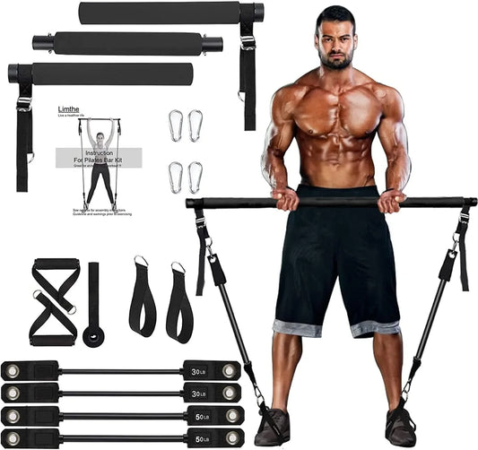 Pilates Bar with Resistance Bands(30&50Lbs),Adjustable Height,Protable at Home Workout Equipment for Women &Men Fitness,Exercise Band Bar,Comfortable Handles and Door Anchor for Resistance Bands Bar