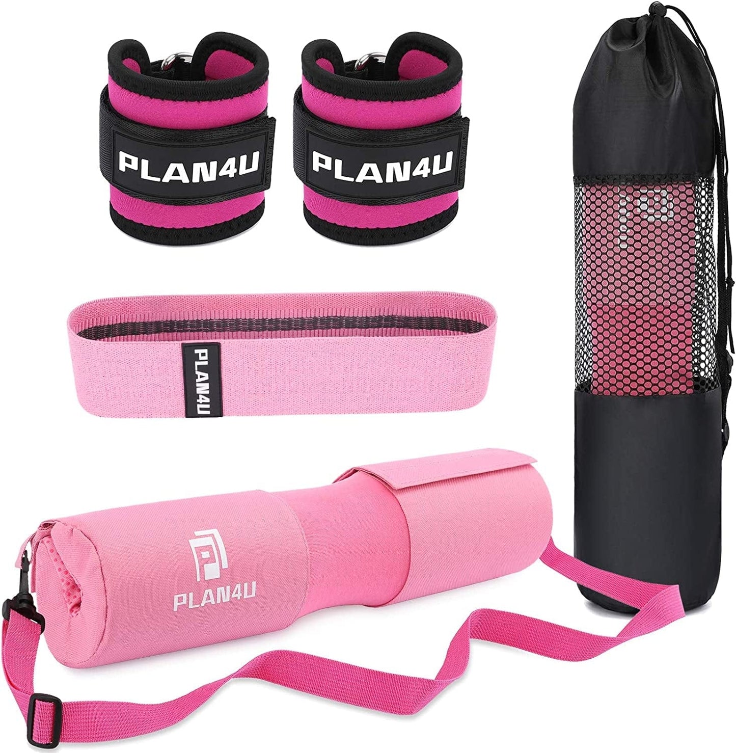Plan4U Barbell Pad Set for Squat Hip Thrusts Upgraded Workout Foam Weight Lifting Bar Cushion Shoulder Neck Support with Anti-Slip Grain, Fits Standard Olympic Bars and Smith Machine, 2 Gym Ankle Straps, Hip Resistance Band, Carry Bag