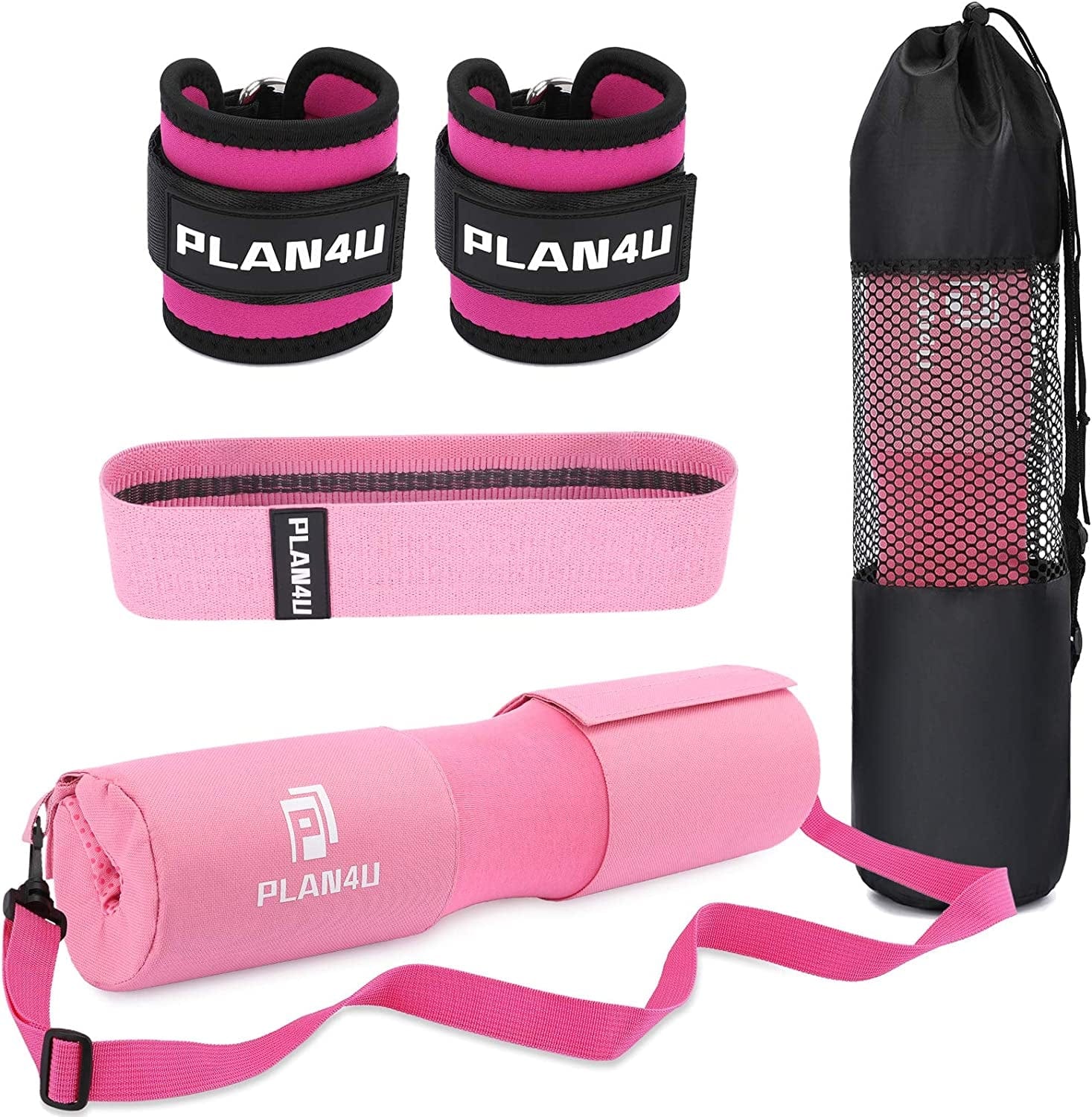 Plan4U Barbell Pad Set for Squat Hip Thrusts Upgraded Workout Foam Weight Lifting Bar Cushion Shoulder Neck Support with Anti-Slip Grain, Fits Standard Olympic Bars and Smith Machine, 2 Gym Ankle Straps, Hip Resistance Band, Carry Bag