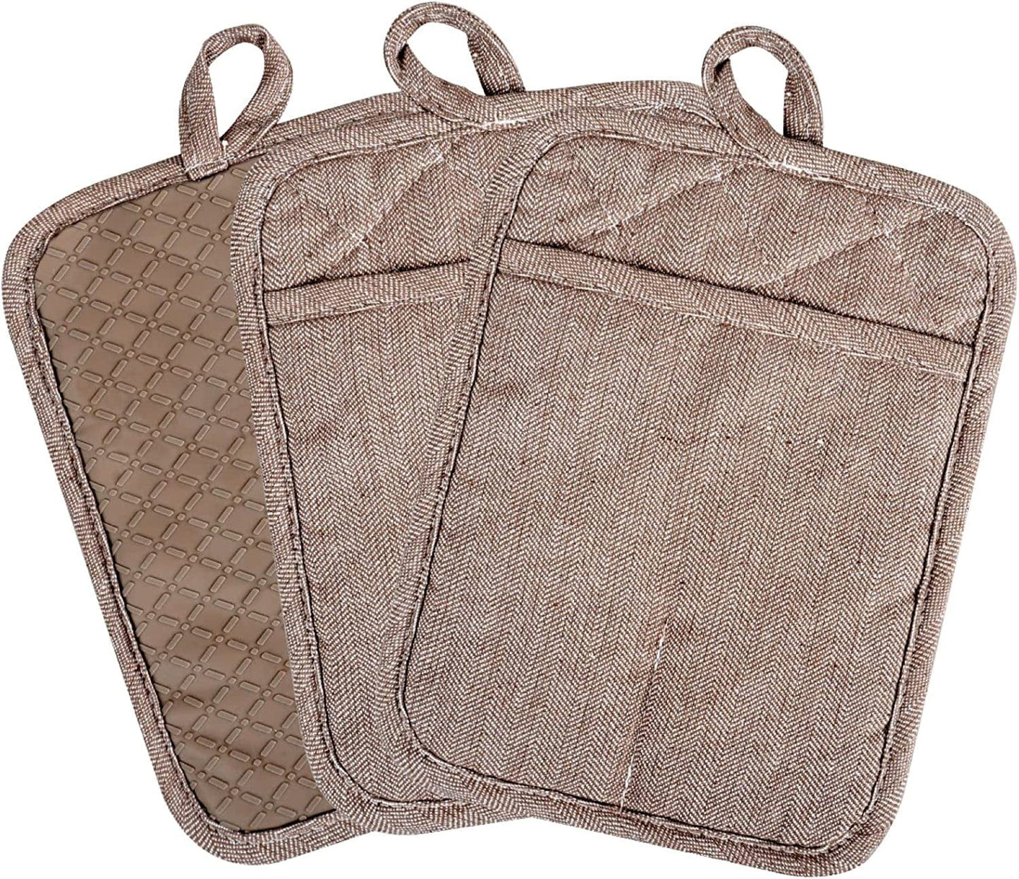 Pot Holders Yarn-Dyed Set of 3 Non Slip Silicone Kitchen Lines Heat Resistant 500℉ Kitchen Gloves BBQ Cooking Baking Women Men Cooking Barbecue Microwave Machine Washable (Gray Potholders)