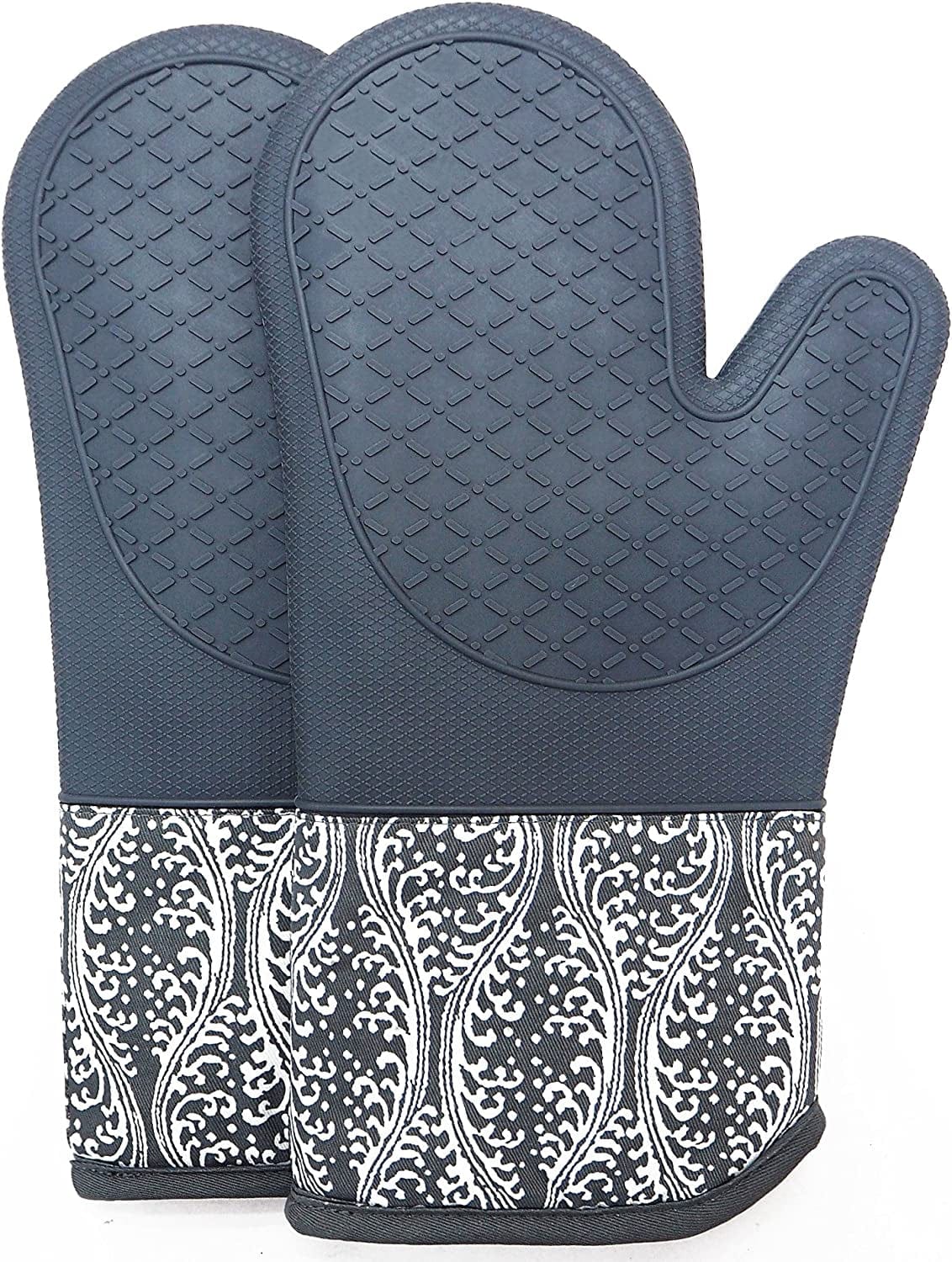 Pot Holders Yarn-Dyed Set of 3 Non Slip Silicone Kitchen Lines Heat Resistant 500℉ Kitchen Gloves BBQ Cooking Baking Women Men Cooking Barbecue Microwave Machine Washable (Gray Potholders)