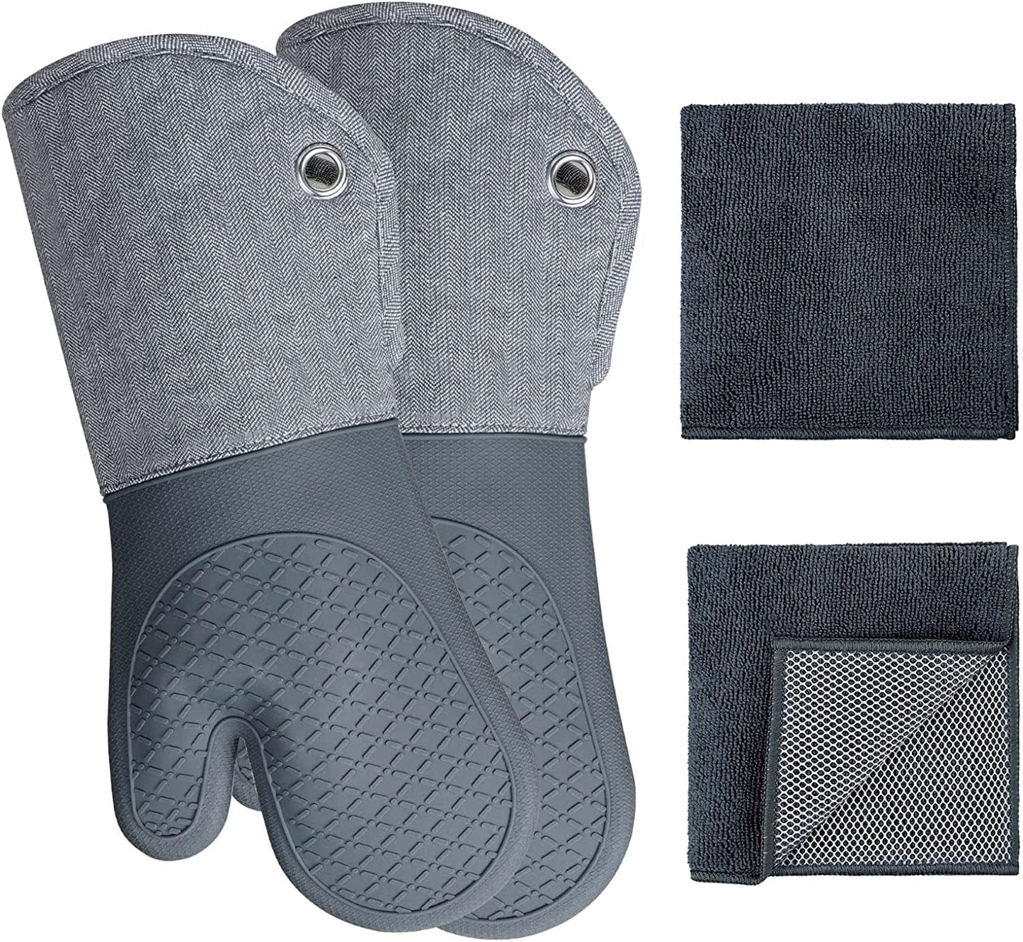 Pot Holders Yarn-Dyed Set of 3 Non Slip Silicone Kitchen Lines Heat Resistant 500℉ Kitchen Gloves BBQ Cooking Baking Women Men Cooking Barbecue Microwave Machine Washable (Gray Potholders)