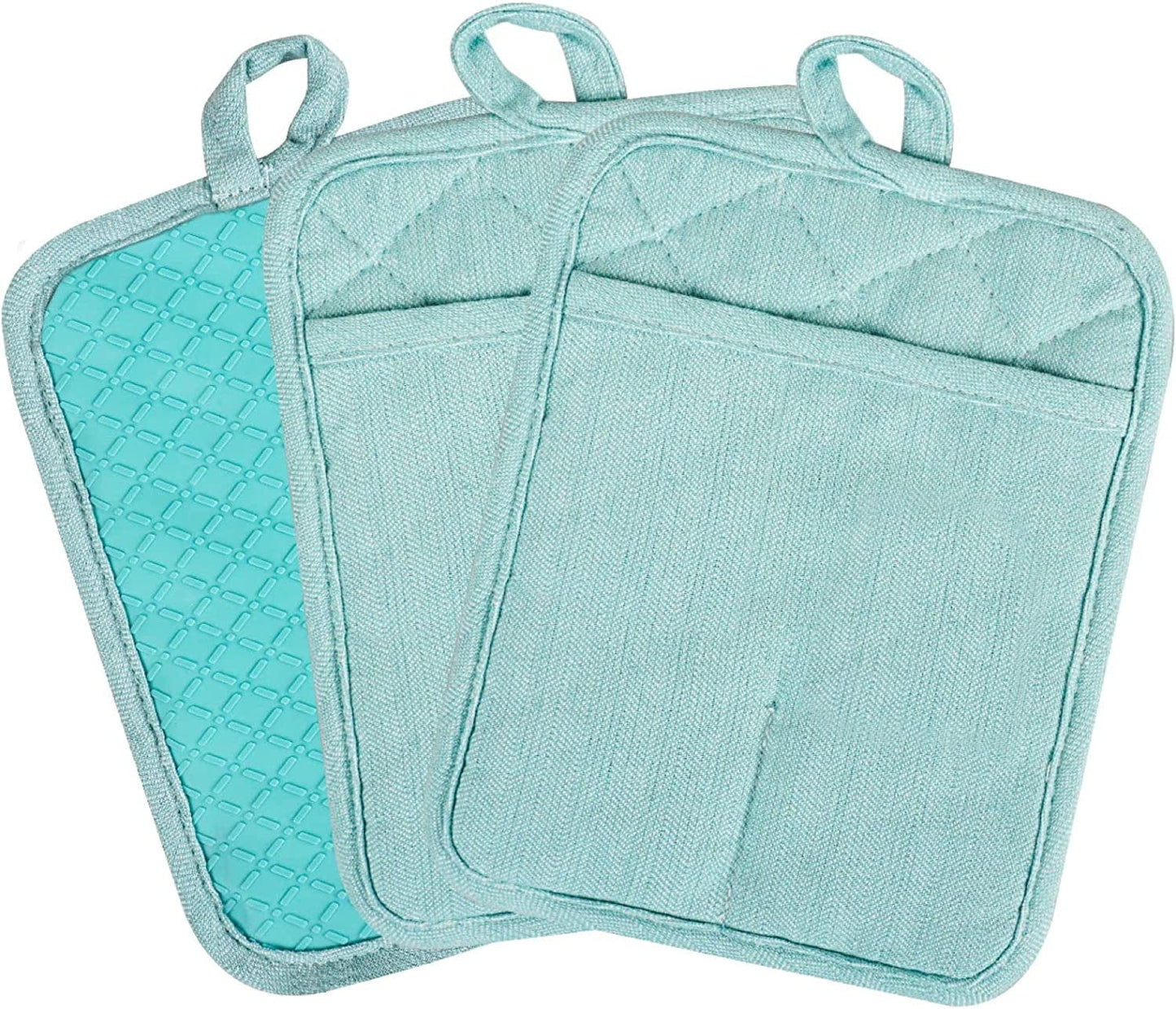 Pot Holders Yarn-Dyed Set of 3 Non Slip Silicone Kitchen Lines Heat Resistant 500℉ Kitchen Gloves BBQ Cooking Baking Women Men Cooking Barbecue Microwave Machine Washable (Gray Potholders)