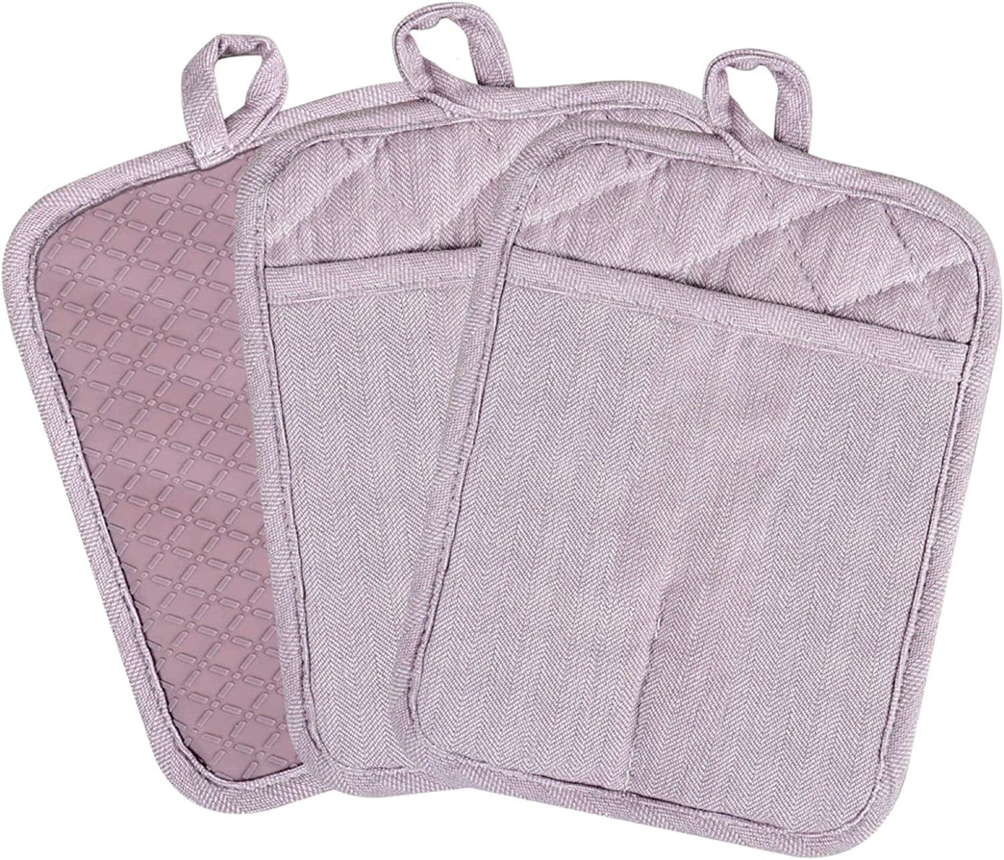 Pot Holders Yarn-Dyed Set of 3 Non Slip Silicone Kitchen Lines Heat Resistant 500℉ Kitchen Gloves BBQ Cooking Baking Women Men Cooking Barbecue Microwave Machine Washable (Gray Potholders)