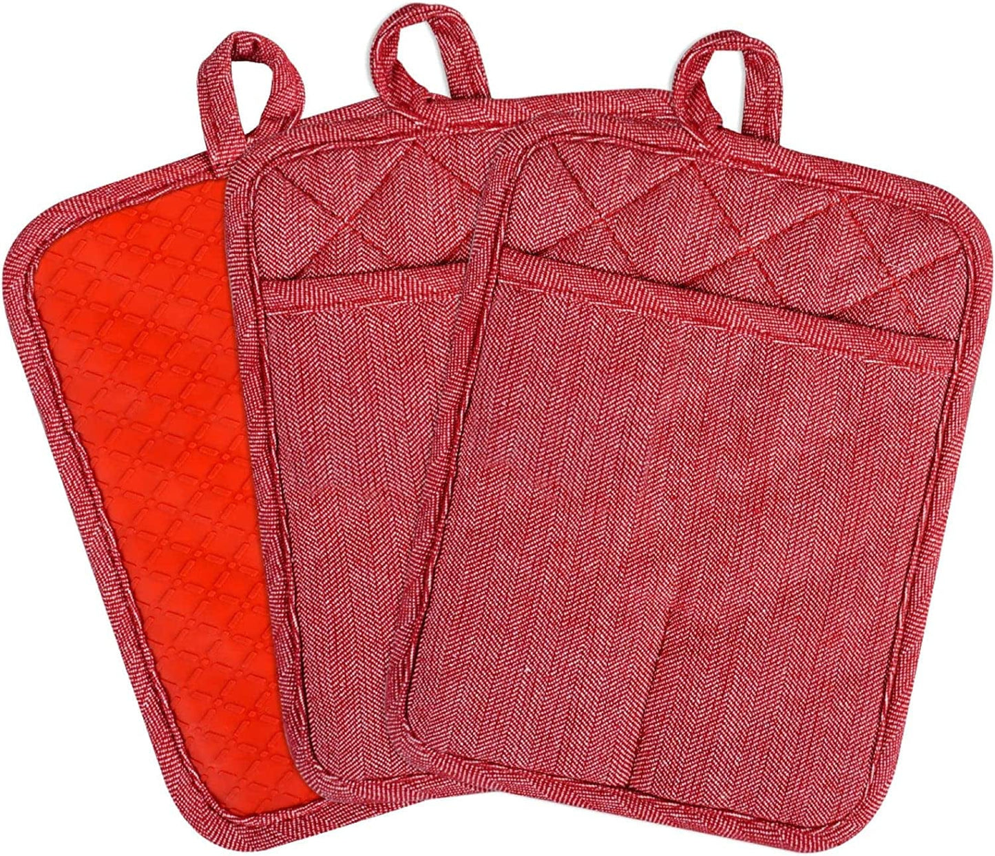 Pot Holders Yarn-Dyed Set of 3 Non Slip Silicone Kitchen Lines Heat Resistant 500℉ Kitchen Gloves BBQ Cooking Baking Women Men Cooking Barbecue Microwave Machine Washable (Gray Potholders)