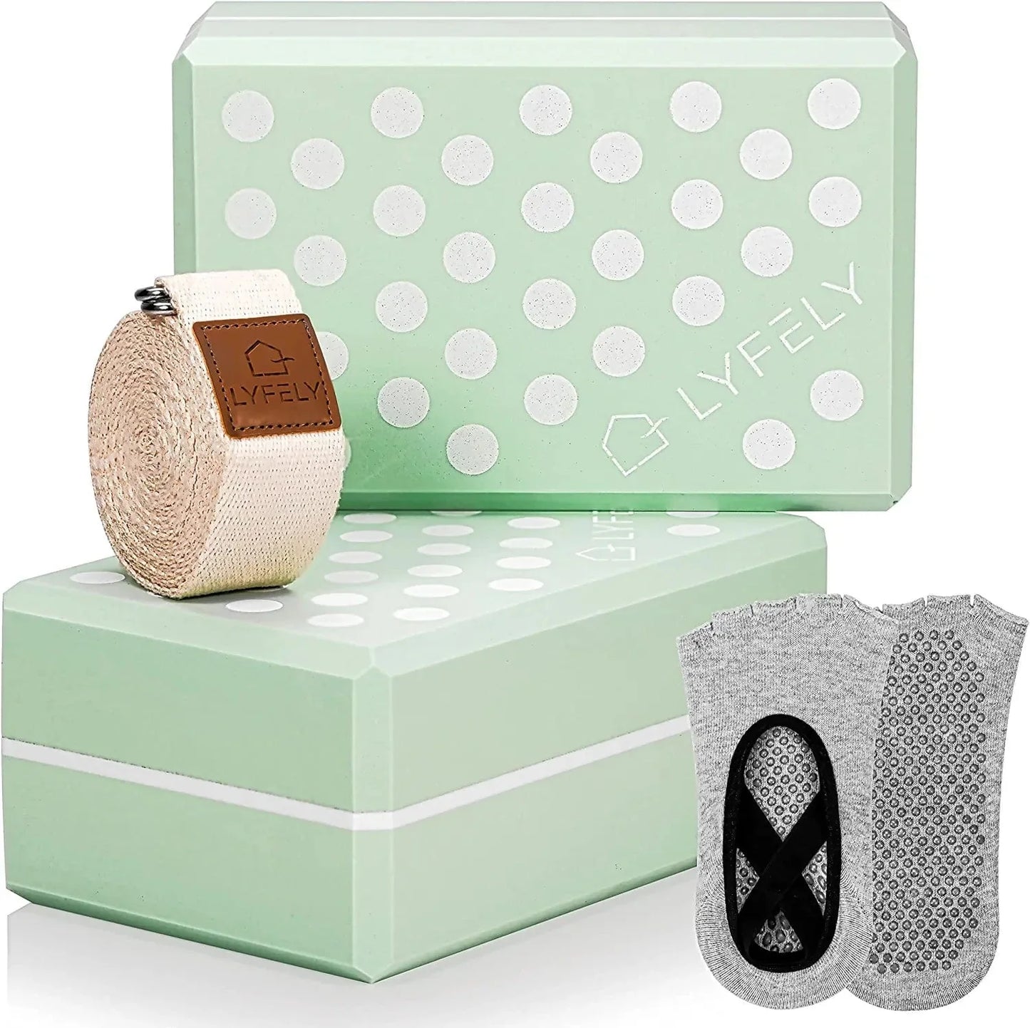 Premium Eva Foam Yoga Blocks 2 Pack with Knitted Strap and Yoga Socks (Pastel Mint Polka Dot) - Complete Yoga Set & Yoga Pose Manual