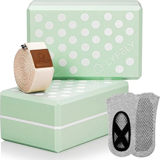 Premium Eva Foam Yoga Blocks 2 Pack with Knitted Strap and Yoga Socks (Pastel Mint Polka Dot) - Complete Yoga Set & Yoga Pose Manual
