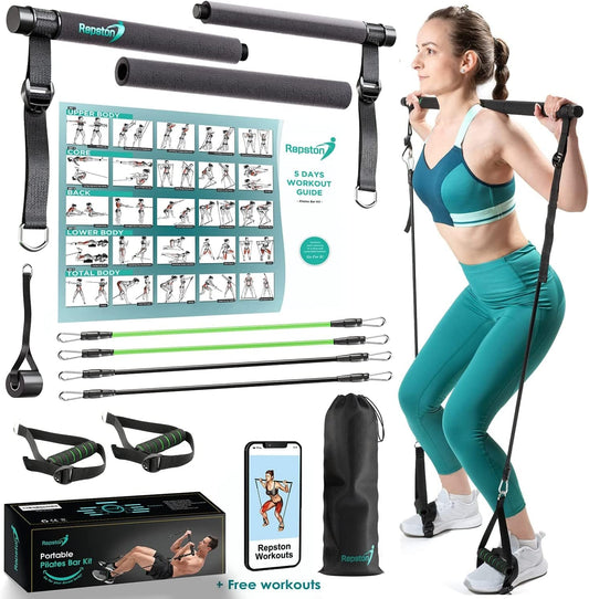 Premium Pilates Bar Kit with Resistance Bands or Home Gym Equipment - Workout Equipment for Women and Men - Full Body Workout Pilates Equipment