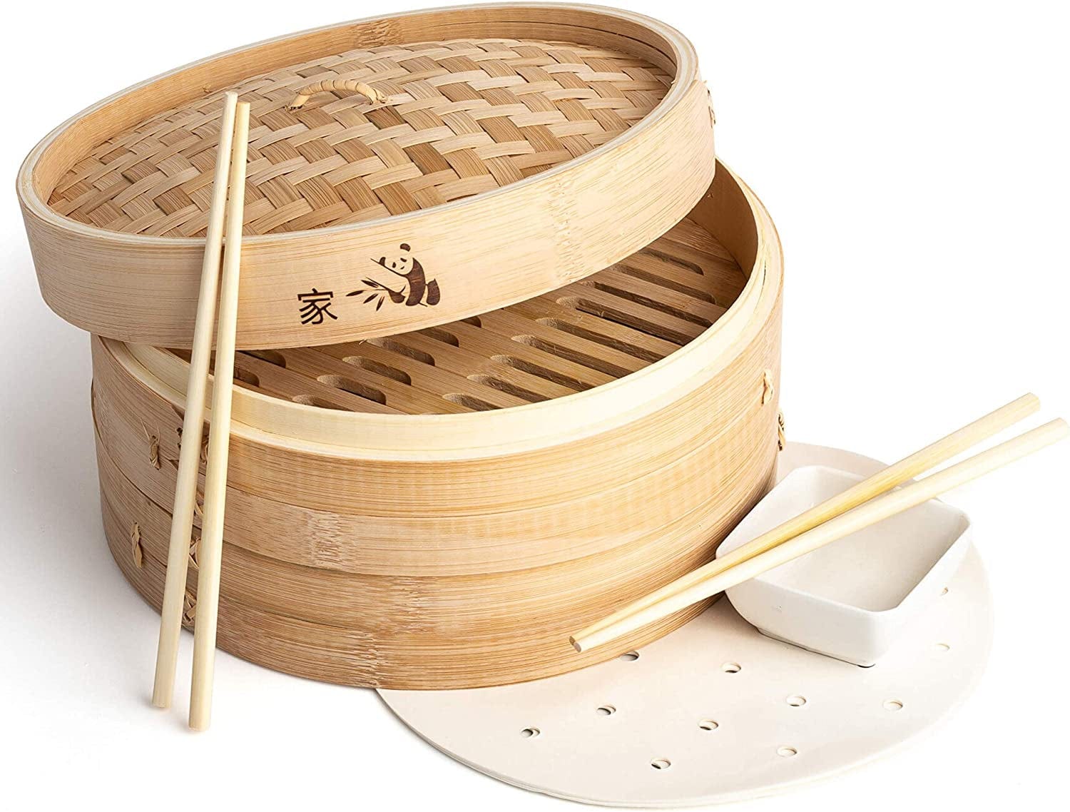 Prime Home Direct Bamboo Steamer Basket 10 Inch, Dumpling Maker, Vegetable Steamer, 2 Tier Food Steamer Includes 2 Sets of Chopsticks, 1 Sauce Dish & 50 Liners - Multi-Use Steamer Basket