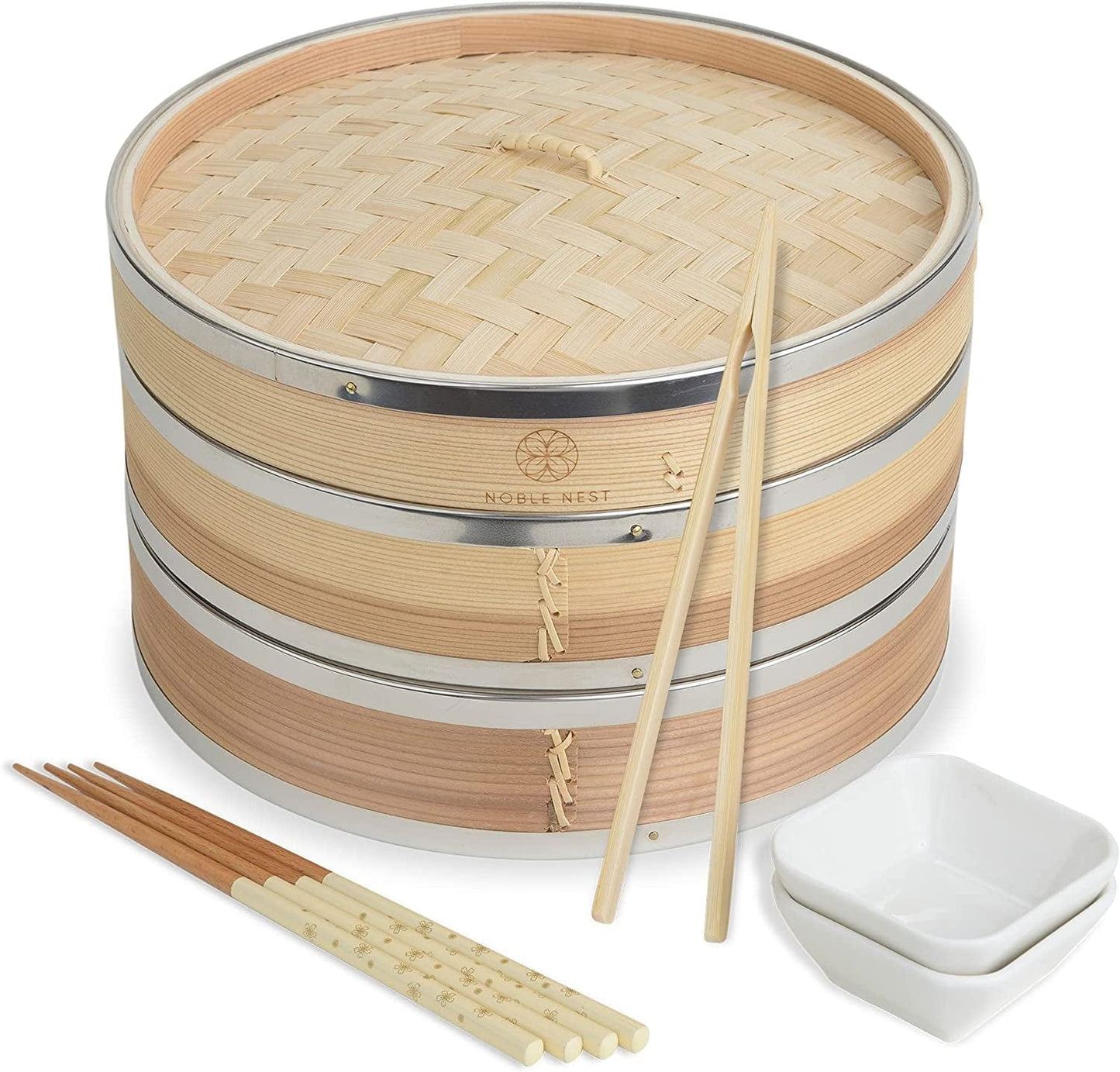 Prime Home Direct Bamboo Steamer Basket 10 Inch, Dumpling Maker, Vegetable Steamer, 2 Tier Food Steamer Includes 2 Sets of Chopsticks, 1 Sauce Dish & 50 Liners - Multi-Use Steamer Basket