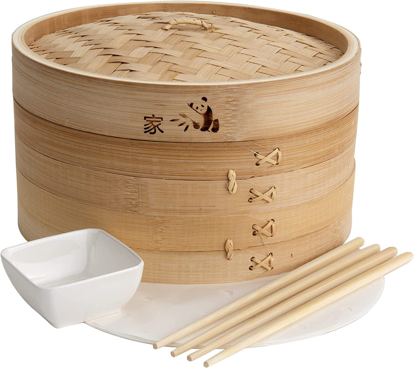 Prime Home Direct Bamboo Steamer Basket 10 Inch, Dumpling Maker, Vegetable Steamer, 2 Tier Food Steamer Includes 2 Sets of Chopsticks, 1 Sauce Dish & 50 Liners - Multi-Use Steamer Basket