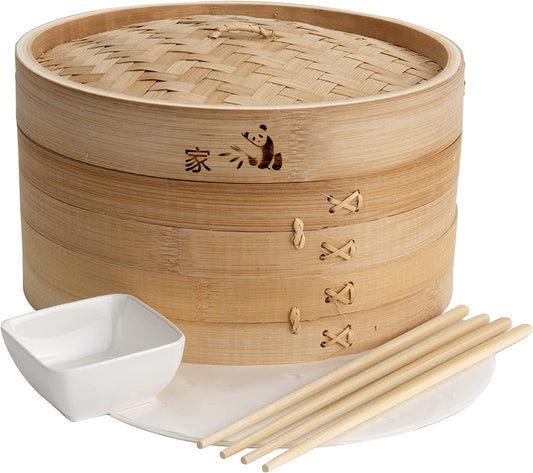 Prime Home Direct Bamboo Steamer Basket 10 Inch, Dumpling Maker, Vegetable Steamer, 2 Tier Food Steamer Includes 2 Sets of Chopsticks, 1 Sauce Dish & 50 Liners - Multi-Use Steamer Basket