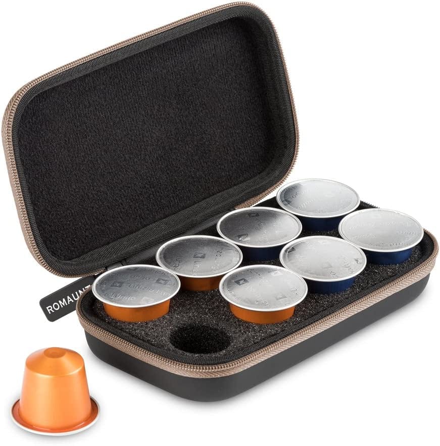 Protective Carrying Case for Nespresso & Compatible Capsules Portable Espresso Maker Coffee Pod Holder Pu Hard Shell Portable Holds 8 Pods Brown