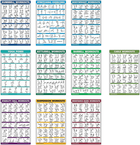 Quickfit 10 Pack - Exercise Workout Poster Set - Cable Machine, Dumbbell, Suspension, Kettlebell, Resistance Bands, Stretching, Bodyweight, Barbell, Yoga Poses, Exercise Ball