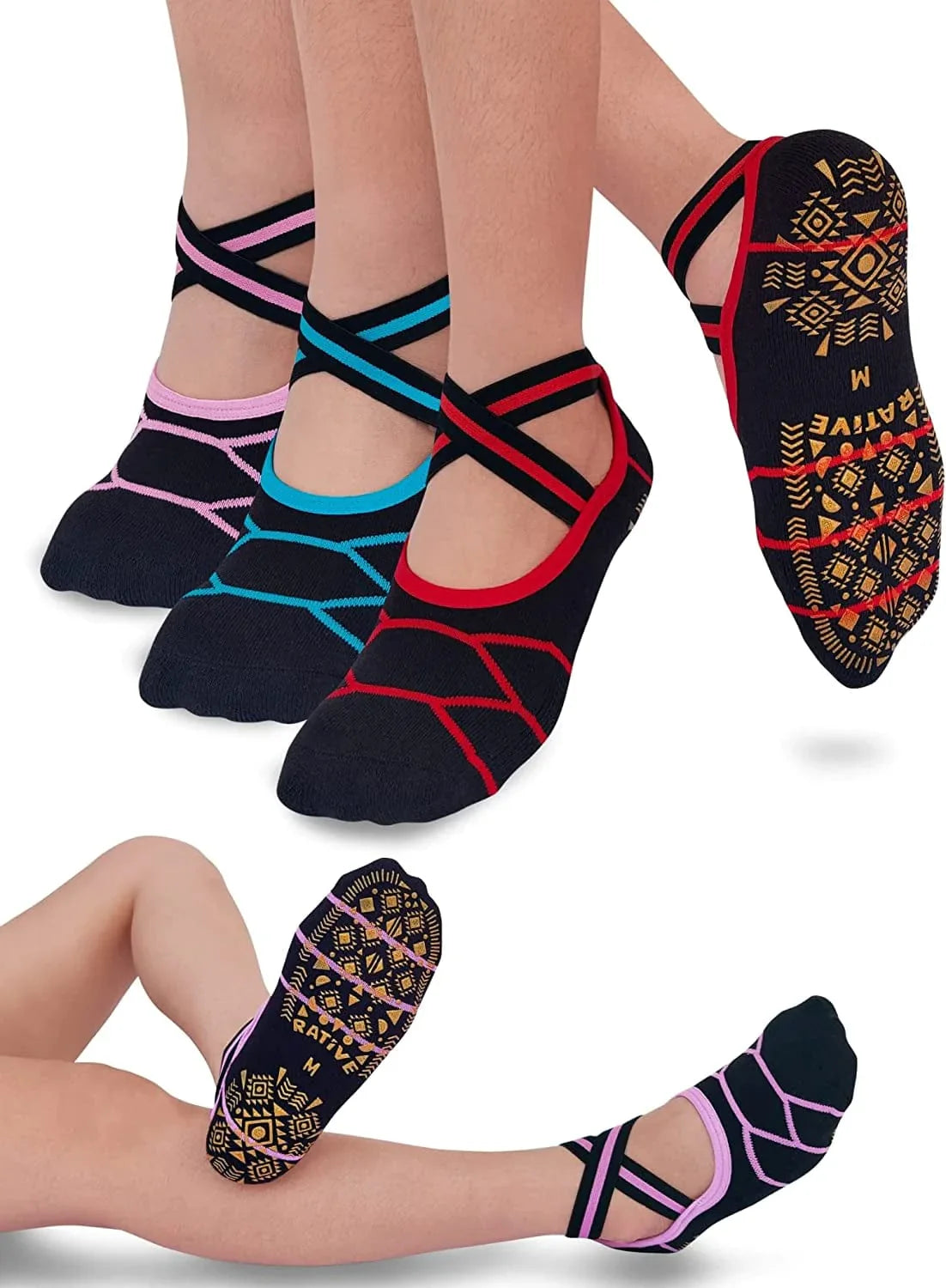 RATIVE anti Slip Non Skid Barre Yoga Pilates Hospital Socks with Grips for Adults Men Women