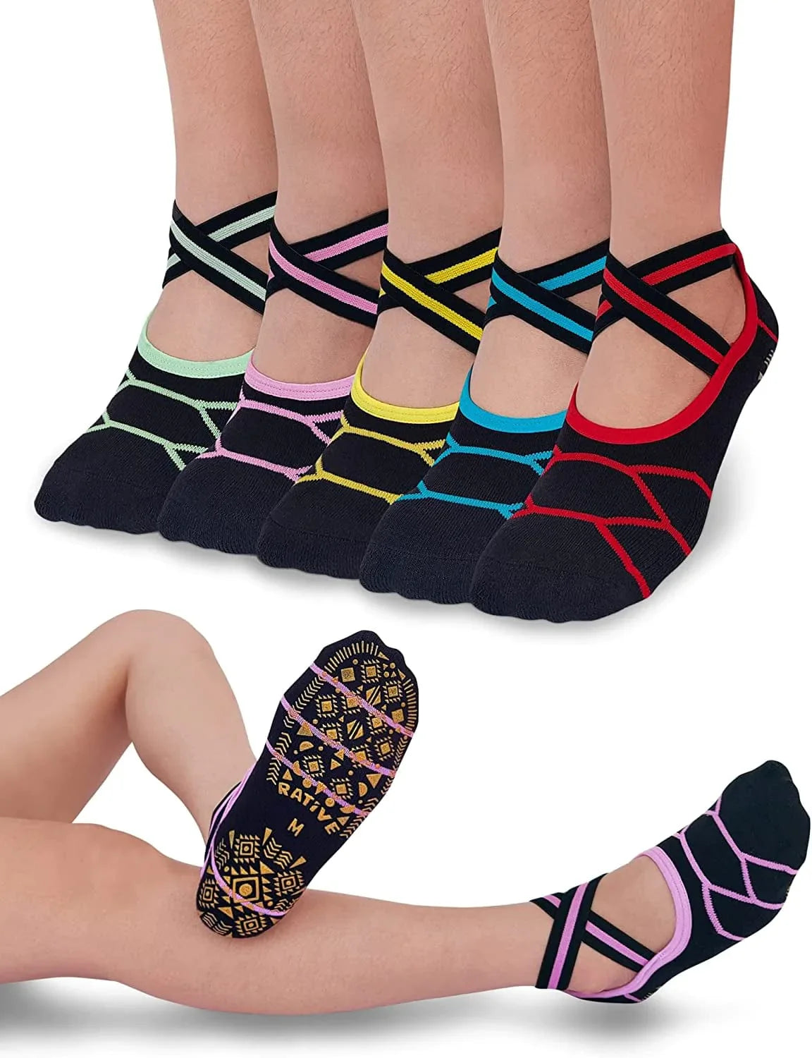 RATIVE anti Slip Non Skid Barre Yoga Pilates Hospital Socks with Grips for Adults Men Women