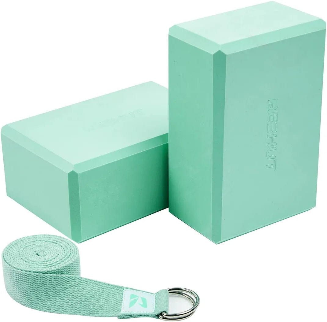 REEHUT Yoga Block 2 Pack and Metal D Ring Yoga Strap 1 Pack Combo Set, 9" X 6" X 4"High Density EVA Foam Block to Support and Deepen Poses, 8FT Yoga Belt for Stretching, General Fitness (Black)