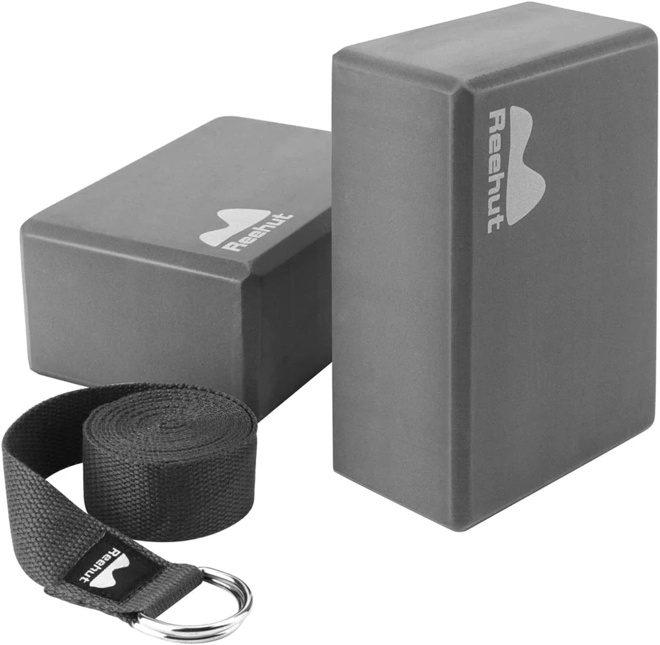REEHUT Yoga Block 2 Pack and Metal D Ring Yoga Strap 1 Pack Combo Set, 9" X 6" X 4"High Density EVA Foam Block to Support and Deepen Poses, 8FT Yoga Belt for Stretching, General Fitness (Black)