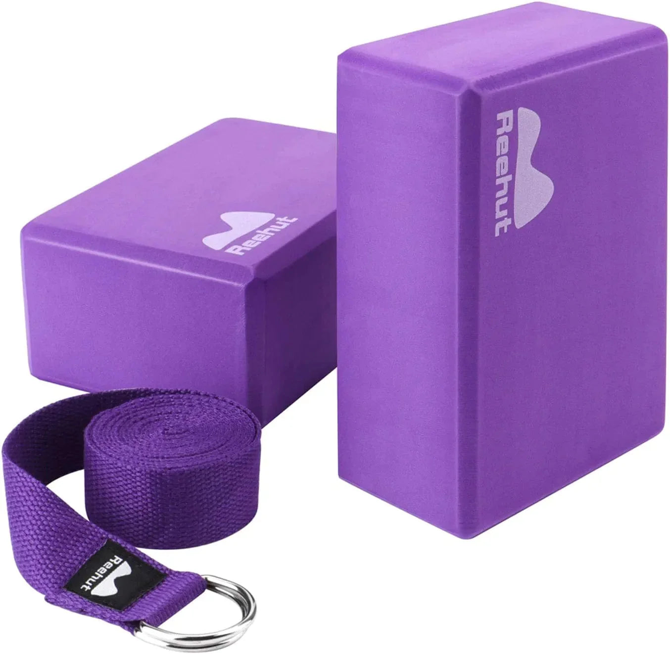 REEHUT Yoga Block 2 Pack and Metal D Ring Yoga Strap 1 Pack Combo Set, 9" X 6" X 4"High Density EVA Foam Block to Support and Deepen Poses, 8FT Yoga Belt for Stretching, General Fitness (Black)