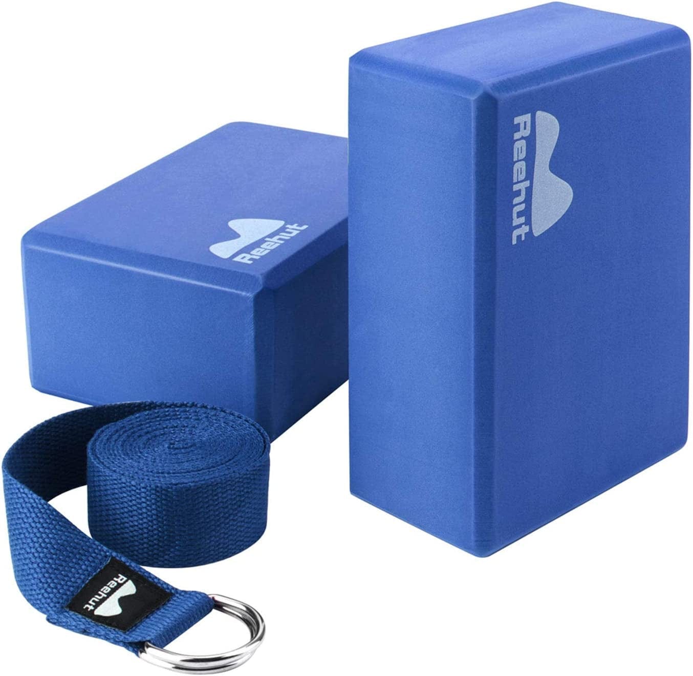 REEHUT Yoga Block 2 Pack and Metal D Ring Yoga Strap 1 Pack Combo Set, 9" X 6" X 4"High Density EVA Foam Block to Support and Deepen Poses, 8FT Yoga Belt for Stretching, General Fitness (Black)