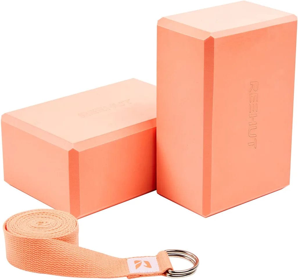 REEHUT Yoga Block 2 Pack and Metal D Ring Yoga Strap 1 Pack Combo Set, 9" X 6" X 4"High Density EVA Foam Block to Support and Deepen Poses, 8FT Yoga Belt for Stretching, General Fitness (Black)