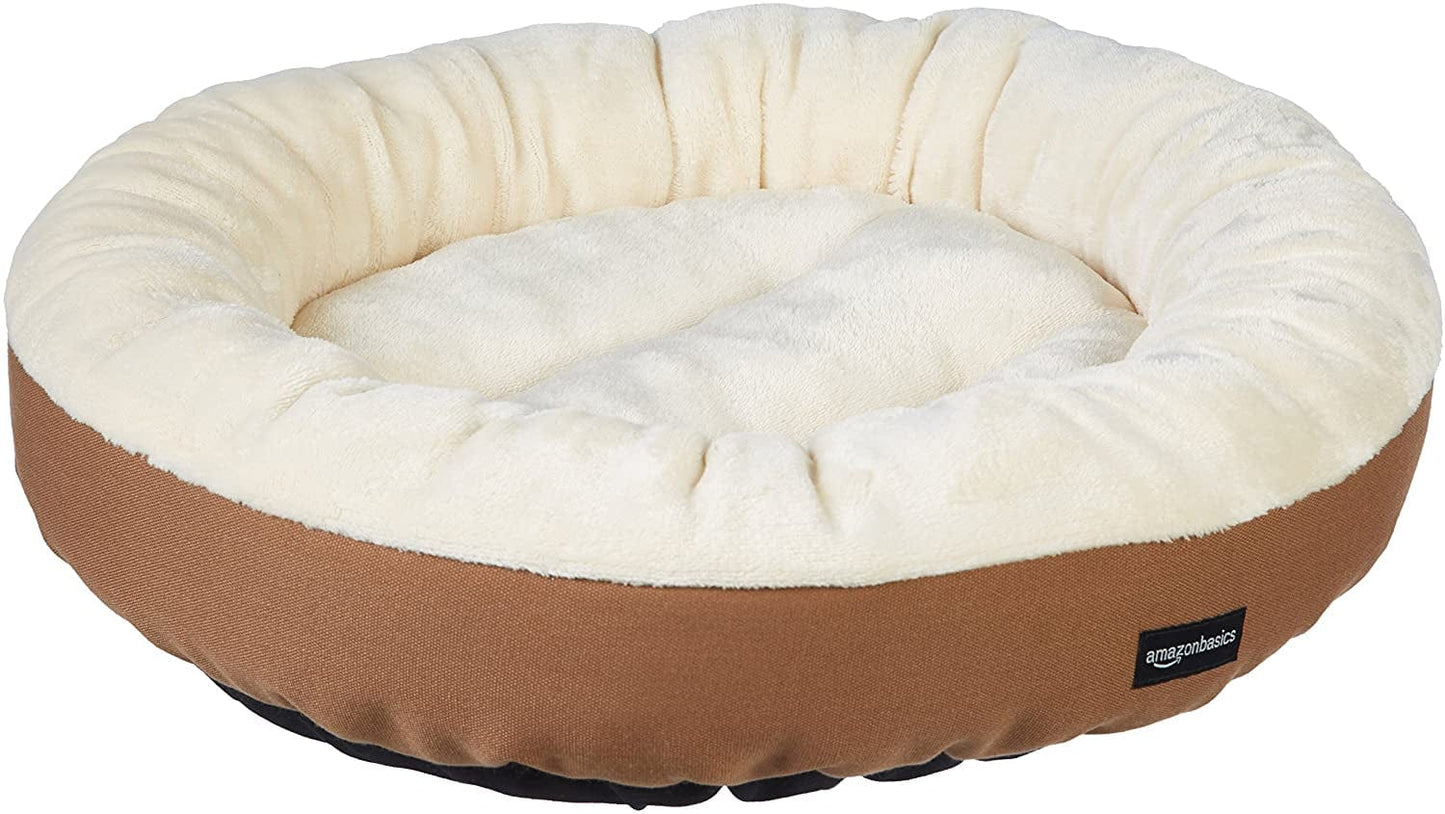 round Bolster Pet Bed with Flannel Top, 20-Inch, Brown and Ivory