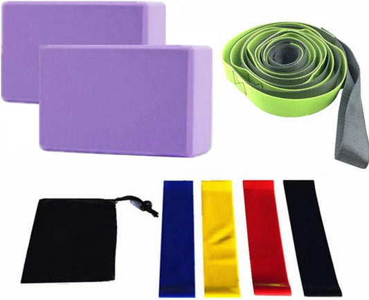 Salimdy 8-In-1 Yoga Set, 1 Yoga Strap, 2 EVA Foam Soft Non-Slip Yoga Blocks, 4 Resistance Bands with 1 Bags for Yoga, Pilates, Stretching and Toning Workouts