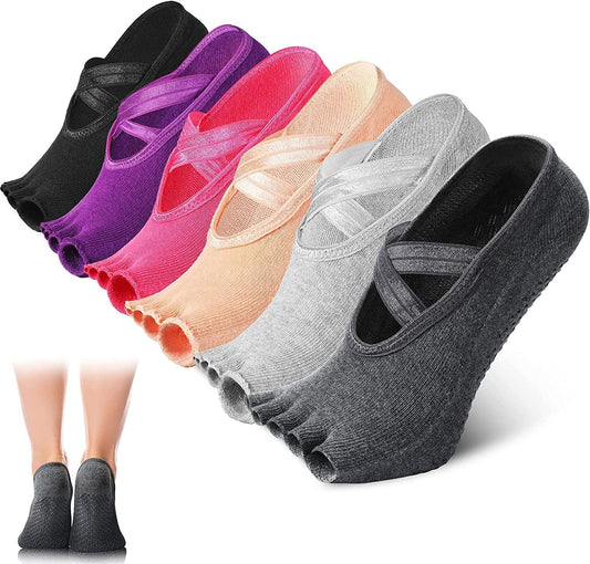 SATINIOR 6 Pairs Yoga Socks Toeless Pilates Barre Ballet Socks Half-Toe Grip Socks Multicolor Elastic Workout Socks for Women, Pink, Dark Purple, Beige, Black, Dark Gray, Light Gray, One Size